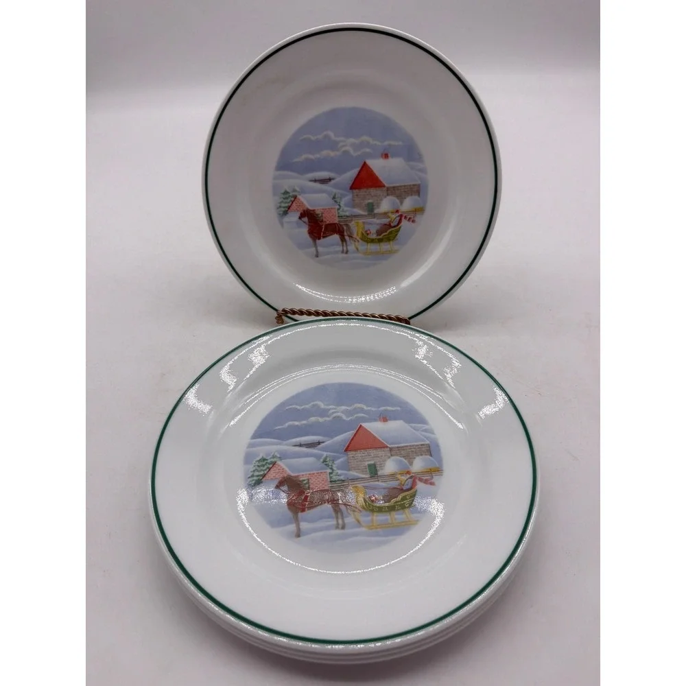 4 Corelle Country Memories Salad Plates Christmas Sleigh Corning Horse 7 1/4 EUC